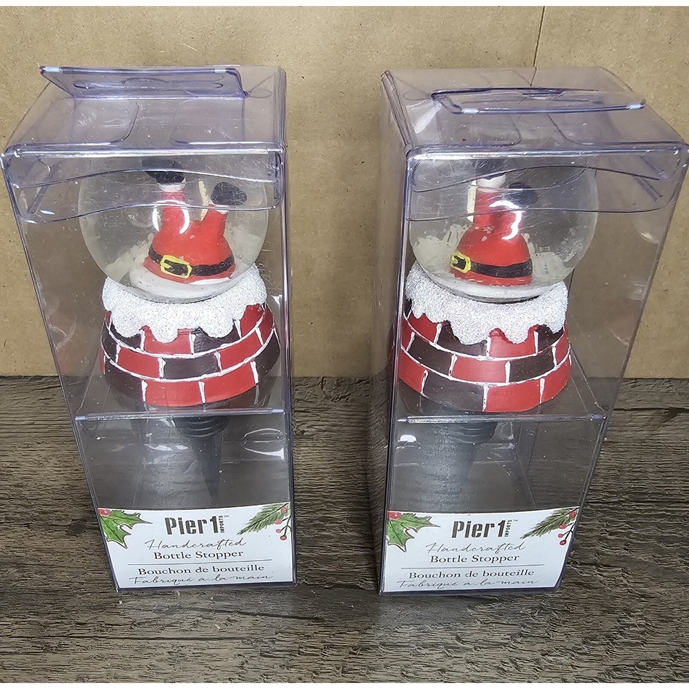 Pier 1 Imports Upside-down Santa Snowglobe Wine Bottle Stopper NIB Set Of 2